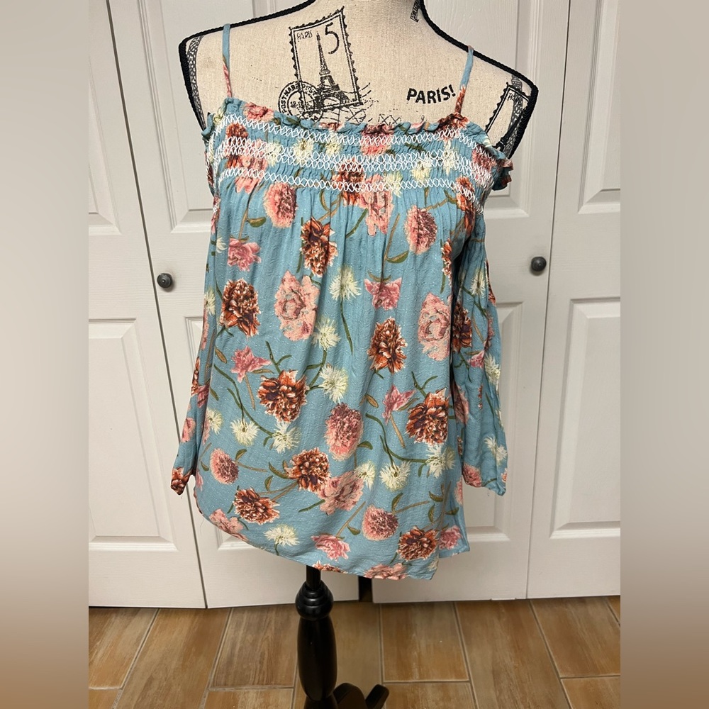Blue floral cold shoulder top